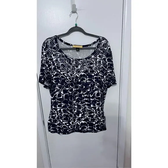 ST. JOHN PRINTED SCOOP NECK BLACK PRINT RHINESTONE NECKLINE TOP SZ XL - Picture 2 of 11